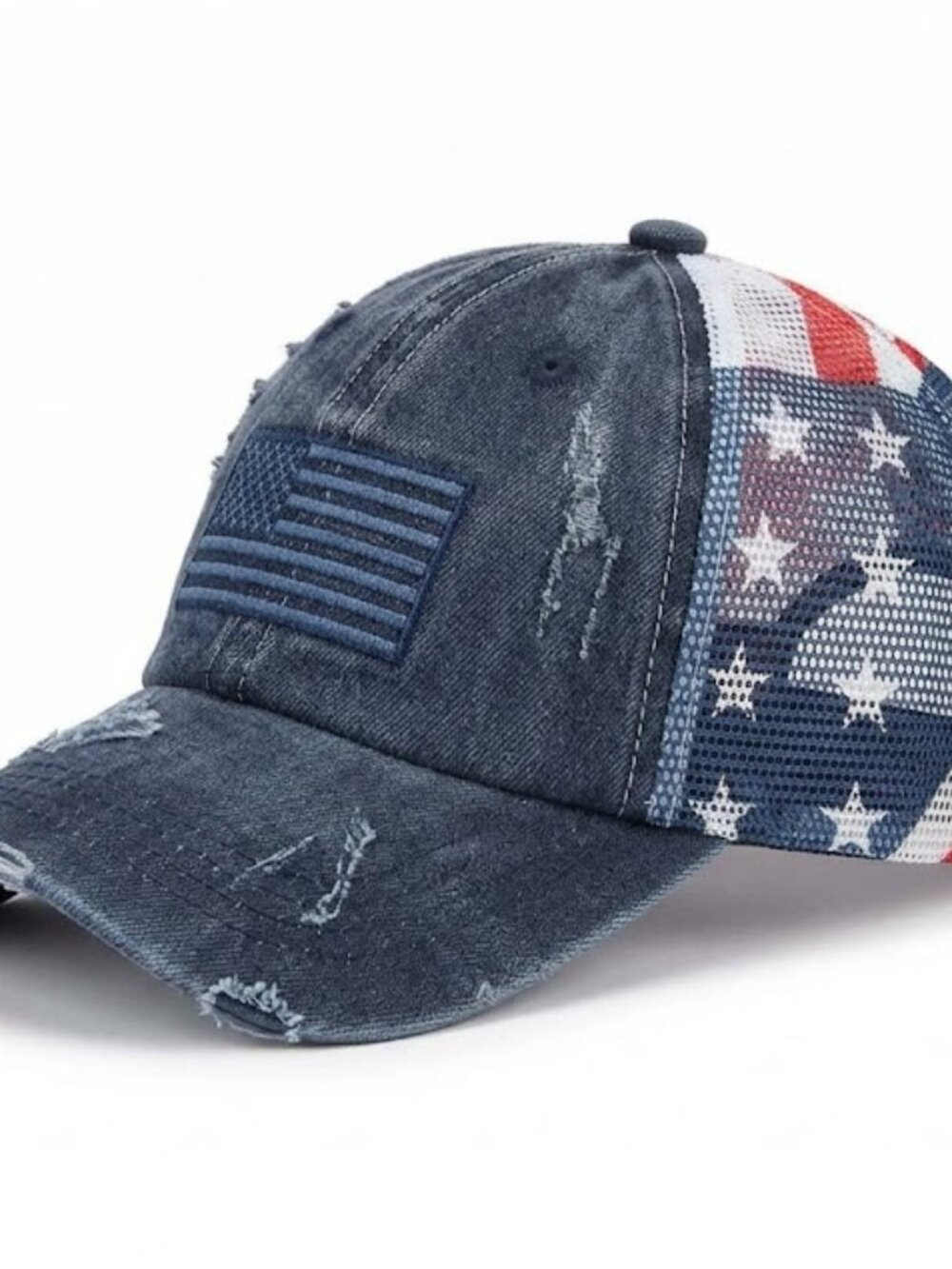 NWT - Distressed Blue USA Flag Ponytail Messy Bun Baseball Hat